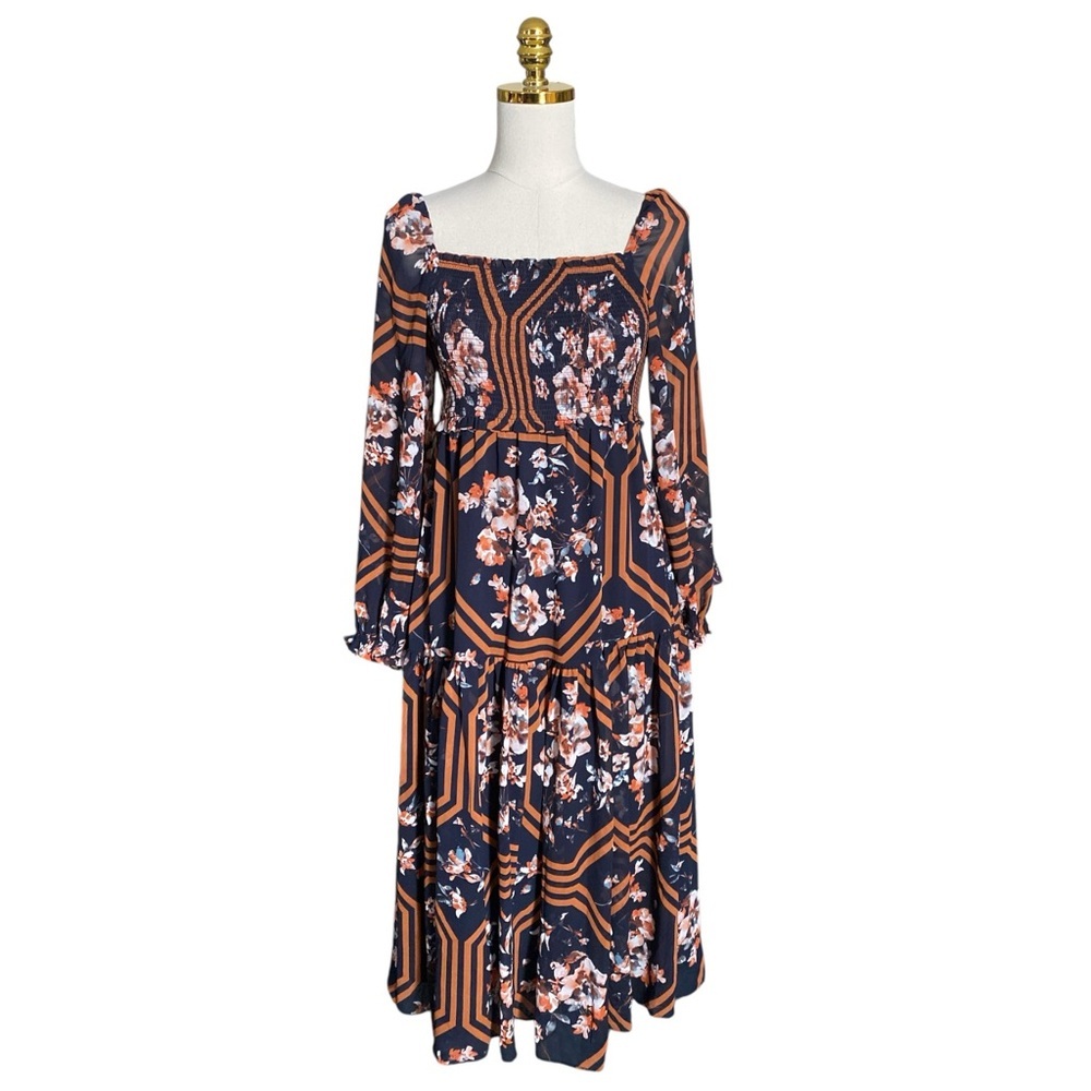 Evie Anthropologie Women Navy Floral Print Tiered Long Sleeve Midi Dress Size XS